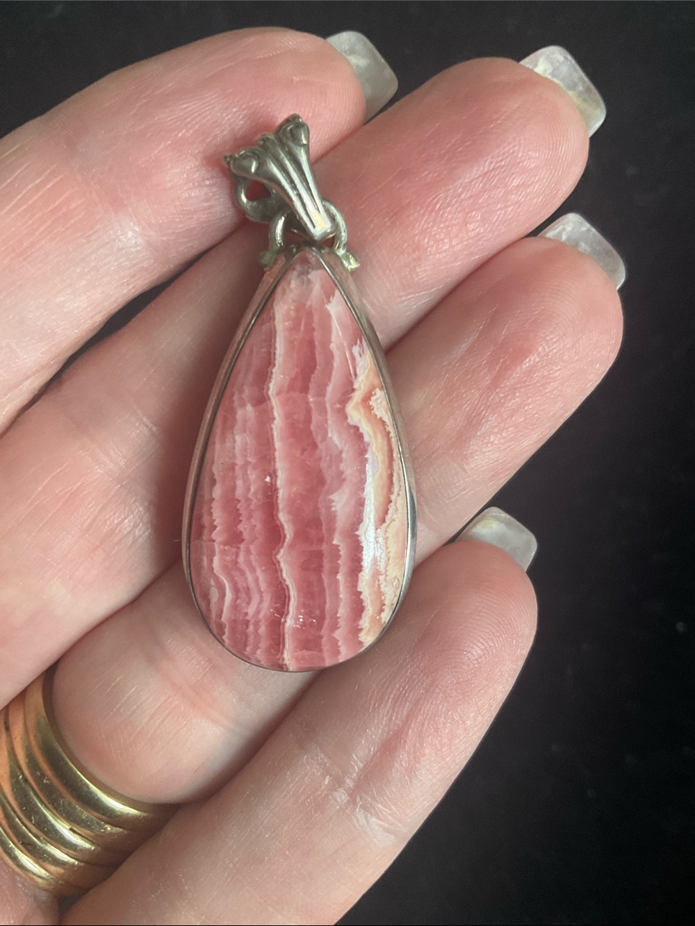 Sterling Silver Pink Rhodochrosite Teardrop Pendant - Picture 3 of 5